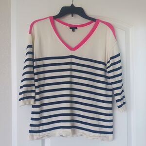 Talbots Midnight Navy and cream striped v neck sweater with pink trim. Size M